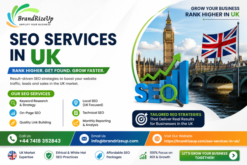 SEO services in UK by BrandRizeUp featuring UK-focused SEO strategies, keyword research, local SEO, technical SEO, link building, and business growth.