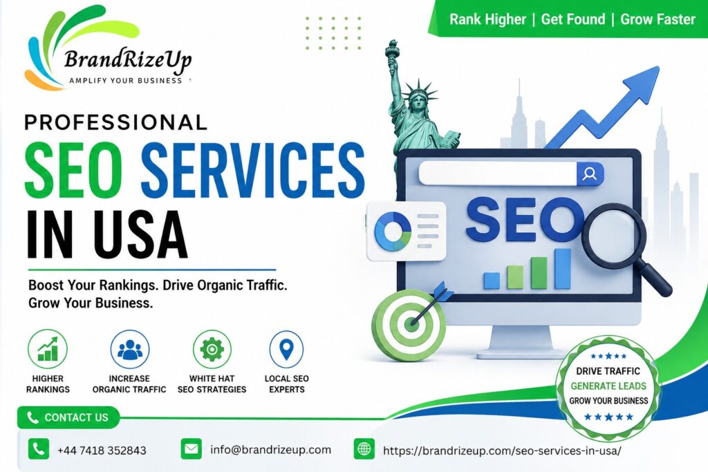 Professional SEO services in USA by BrandRizeUp to improve rankings, organic traffic, leads, and business growth.
