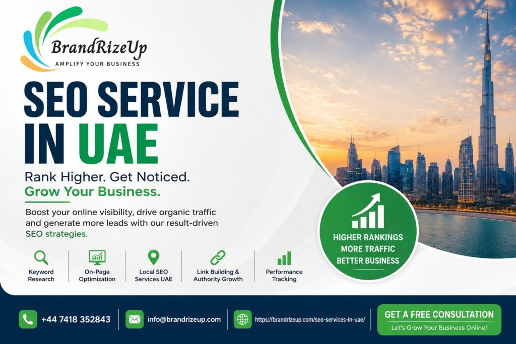 SEO Service in UAE with Dubai skyline, higher rankings, more traffic, and better business