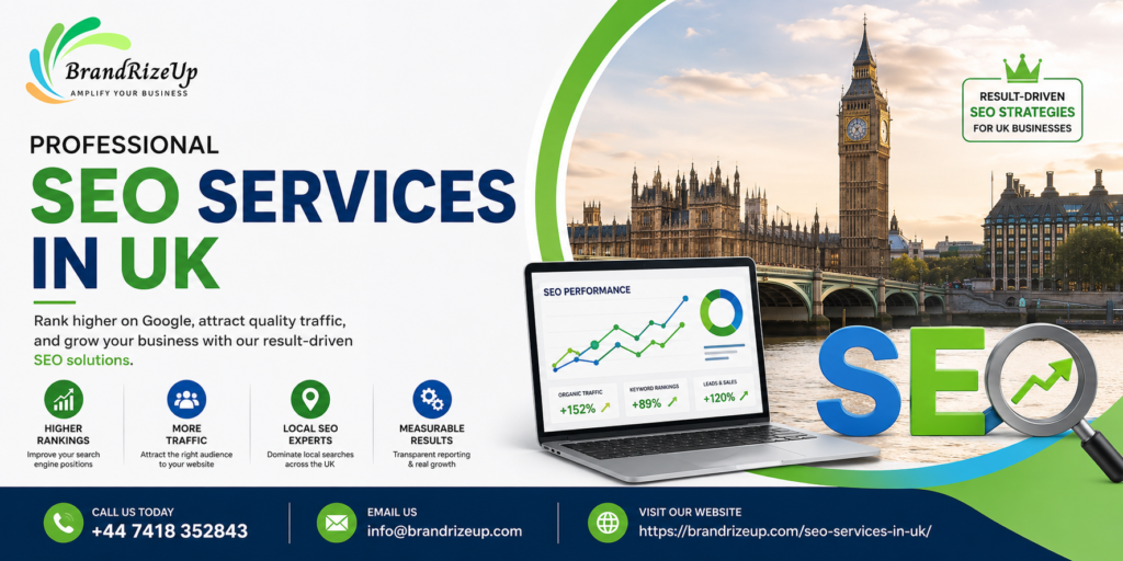Professional SEO Services in UK by BrandRizeUp for higher Google rankings and organic traffic