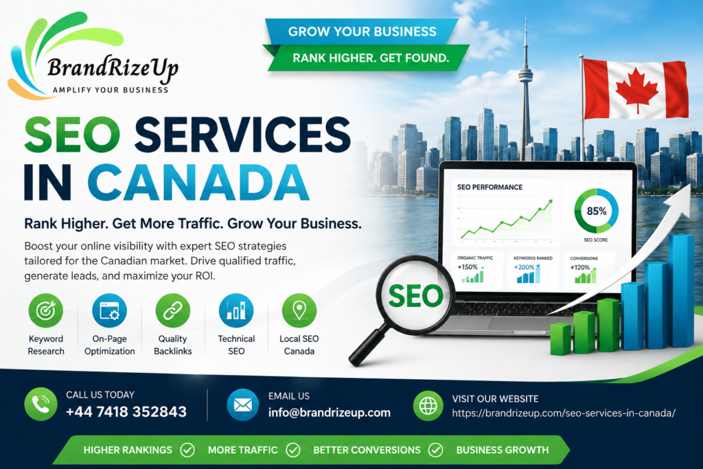 BrandRizeUp SEO Services in Canada banner featuring SEO analytics, Toronto skyline, Canadian flag, and business growth.