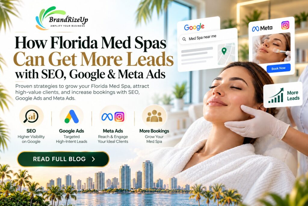 Florida med spa marketing graphic showing a med spa client receiving treatment, with SEO, Google Ads, and Meta Ads strategies to generate more leads and bookings.