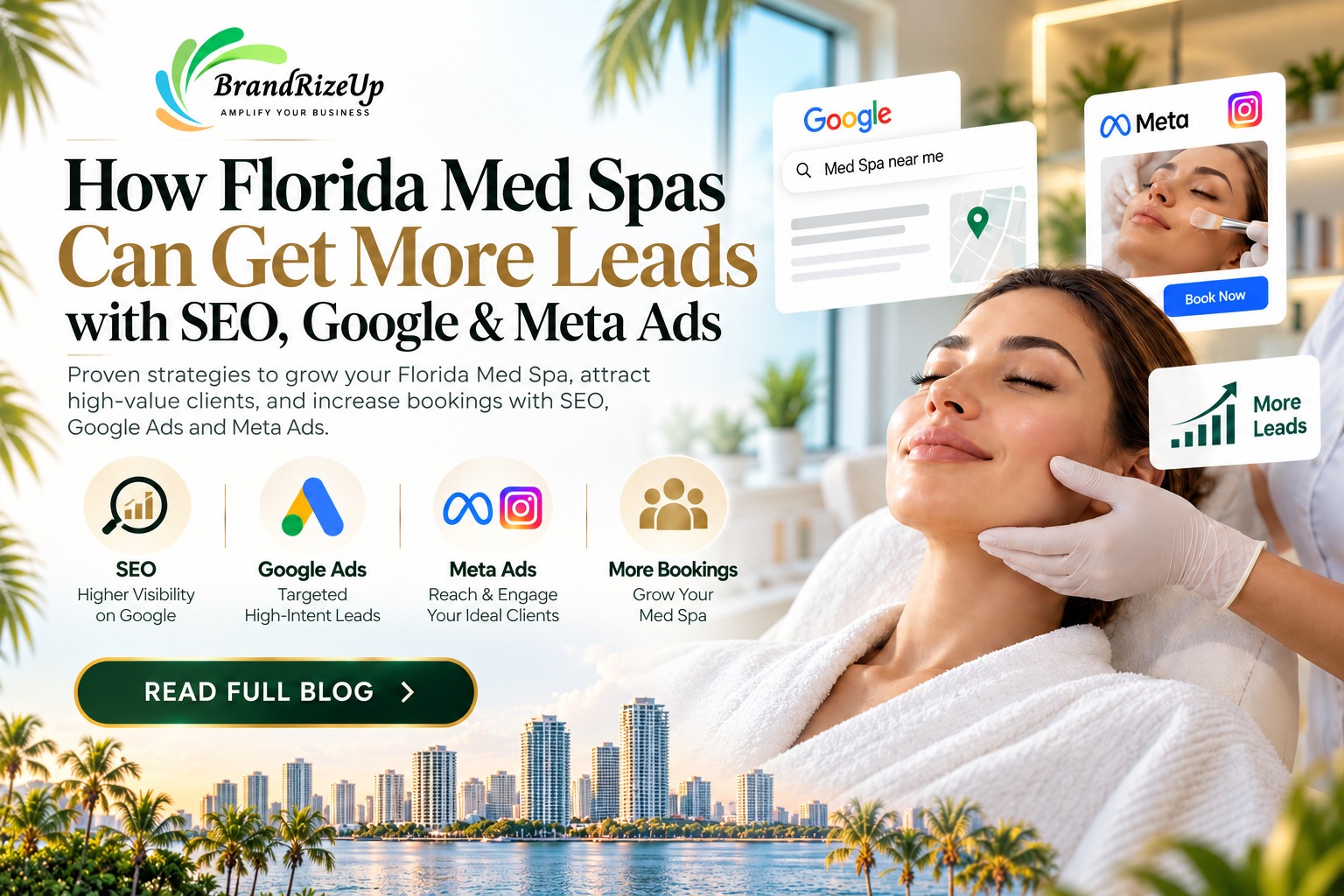 Florida med spa marketing graphic showing a med spa client receiving treatment, with SEO, Google Ads, and Meta Ads strategies to generate more leads and bookings.
